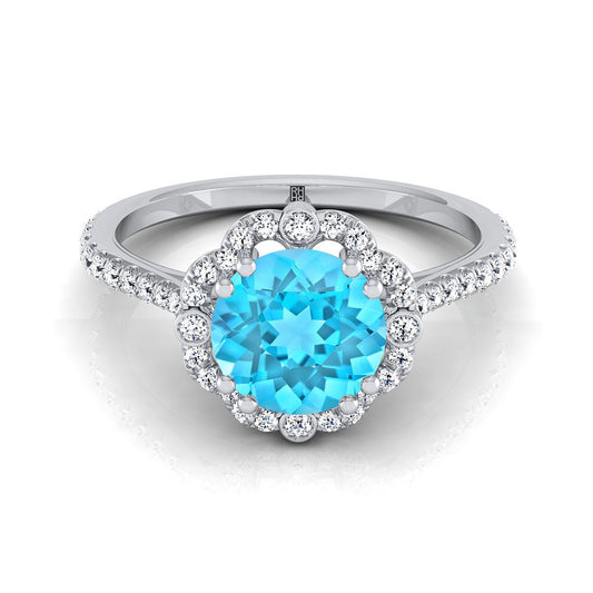 14K White Gold Round Brilliant Swiss Blue Topaz Ornate Diamond Halo Vintage Inspired Engagement Ring -1/3ctw