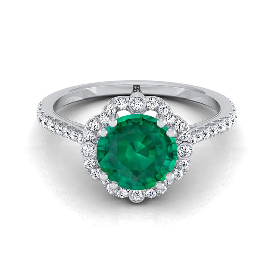 14K White Gold Round Brilliant Emerald Ornate Diamond Halo Vintage Inspired Engagement Ring -1/3ctw