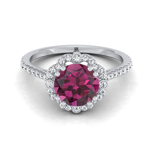 18K White Gold Round Brilliant Garnet Ornate Diamond Halo Vintage Inspired Engagement Ring -1/4ctw