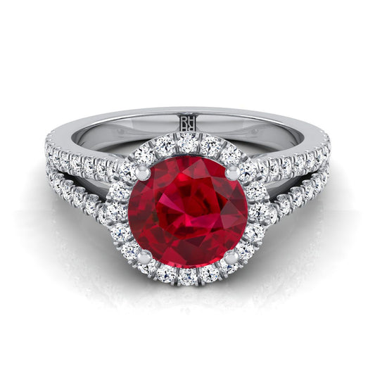 18K White Gold Round Brilliant Ruby Halo Center with French Pave Split Shank Engagement Ring -3/8ctw