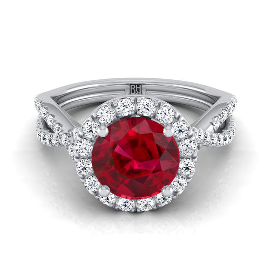 18K White Gold Round Brilliant Ruby  Twisted Scalloped Pavé Diamonds Halo Engagement Ring -1/2ctw