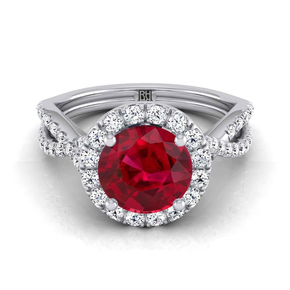 14K White Gold Round Brilliant Ruby  Twisted Scalloped Pavé Diamonds Halo Engagement Ring -1/2ctw
