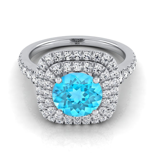 18K White Gold Round Brilliant Swiss Blue Topaz Double Halo with Scalloped Pavé Diamond Engagement Ring -1/2ctw