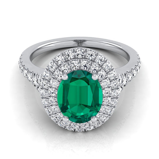 14K White Gold Oval Emerald Double Halo with Scalloped Pavé Diamond Engagement Ring -1/2ctw
