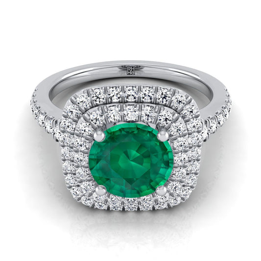 Platinum Round Brilliant Emerald Double Halo with Scalloped Pavé Diamond Engagement Ring -1/2ctw
