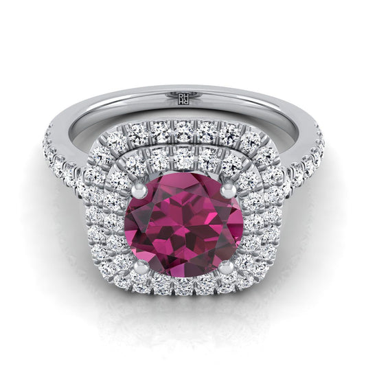 18K White Gold Round Brilliant Garnet Double Halo with Scalloped Pavé Diamond Engagement Ring -1/2ctw