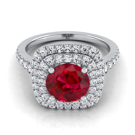 14K White Gold Round Brilliant Ruby Double Halo with Scalloped Pavé Diamond Engagement Ring -1/2ctw