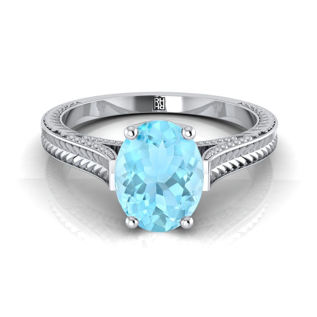 18K White Gold Oval Aquamarine Hand Engraved Vintage Cathedral Style Solitaire Engagement Ring