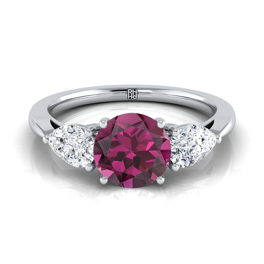 18K White Gold Round Brilliant Garnet Perfectly Matched Pear Shaped Three Diamond Engagement Ring -7/8ctw