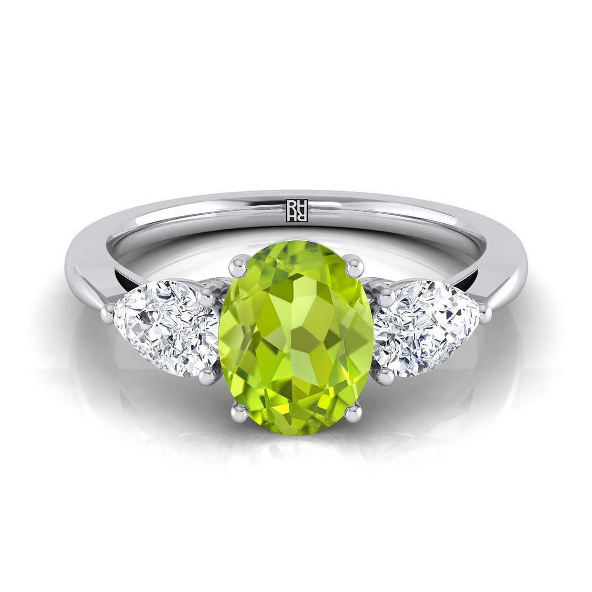 18K White Gold Oval Peridot Perfectly Matched Pear Shaped Three Diamond Engagement Ring -7/8ctw