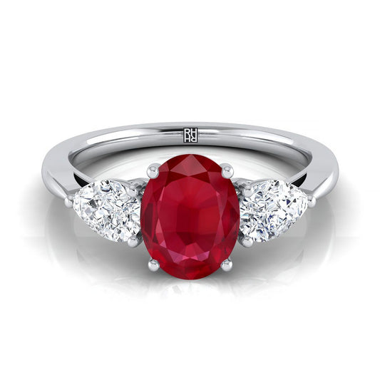 18K White Gold Oval Ruby Perfectly Matched Pear Shaped Three Diamond Engagement Ring -7/8ctw