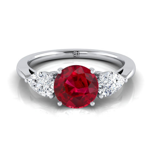 18K White Gold Round Brilliant Ruby Perfectly Matched Pear Shaped Three Diamond Engagement Ring -7/8ctw