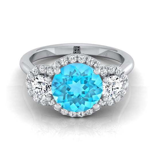14K White Gold Round Brilliant Swiss Blue Topaz French Pave Diamond Three Stone Engagement Ring -1/2ctw