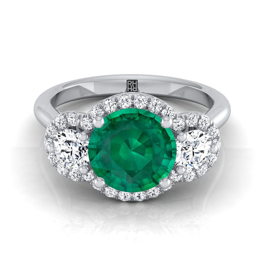 14K White Gold Round Brilliant Emerald French Pave Diamond Three Stone Engagement Ring -1/2ctw