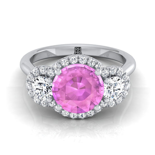 18K White Gold Round Brilliant Pink Sapphire French Pave Diamond Three Stone Engagement Ring -1/2ctw
