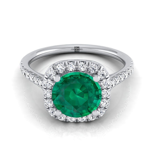14K White Gold Round Brilliant Emerald Simple Prong Set Halo Engagement Ring -1/3ctw
