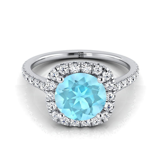 18K White Gold Round Brilliant Aquamarine Halo Diamond Pave Engagement Ring -1/3ctw