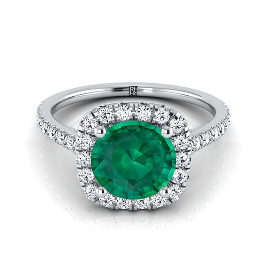 14K White Gold Round Brilliant Emerald Halo Diamond Pave Engagement Ring -1/3ctw