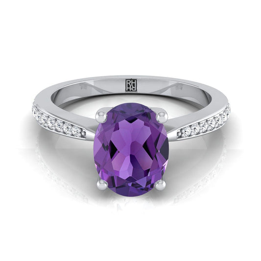 Platinum Oval Amethyst Tapered Pave Diamond Engagement Ring -1/8ctw