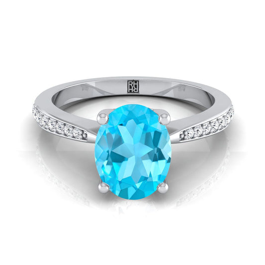 18K White Gold Oval Swiss Blue Topaz Tapered Pave Diamond Engagement Ring -1/8ctw