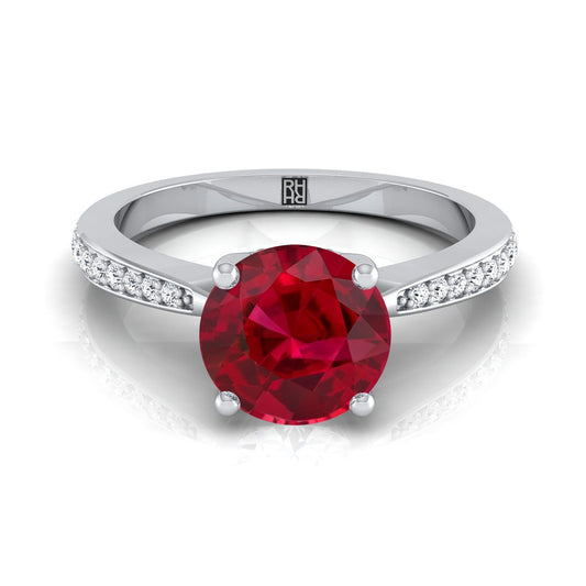 18K White Gold Round Brilliant Ruby Tapered Pave Diamond Engagement Ring -1/8ctw