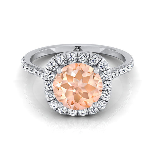 14K White Gold Round Brilliant Morganite Shared Prong Diamond Halo Engagement Ring -3/8ctw