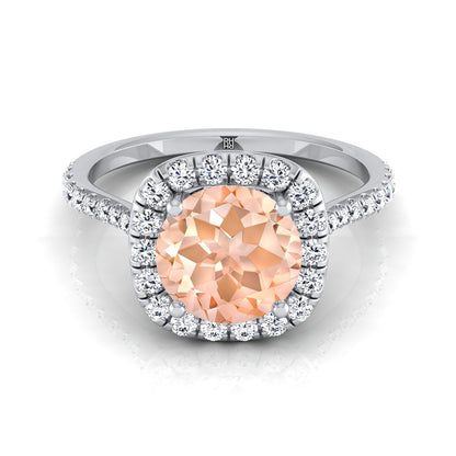 14K White Gold Round Brilliant Morganite Shared Prong Diamond Halo Engagement Ring -3/8ctw