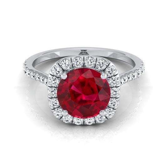 18K White Gold Round Brilliant Ruby Shared Prong Diamond Halo Engagement Ring -3/8ctw