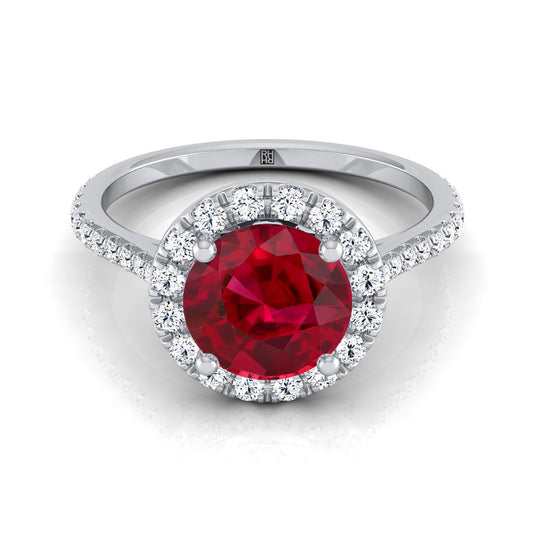 18K White Gold Ruby Ruby Halo Diamond Pave Engagement Ring -3/8ctw