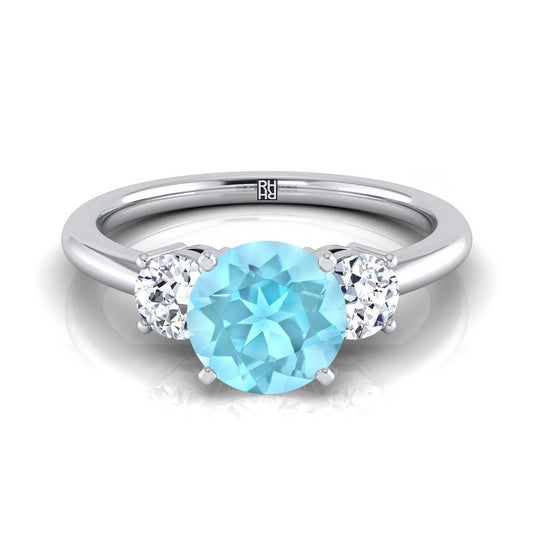 18K White Gold Round Brilliant Aquamarine Perfectly Matched Round Three Stone Diamond Engagement Ring -1/4ctw