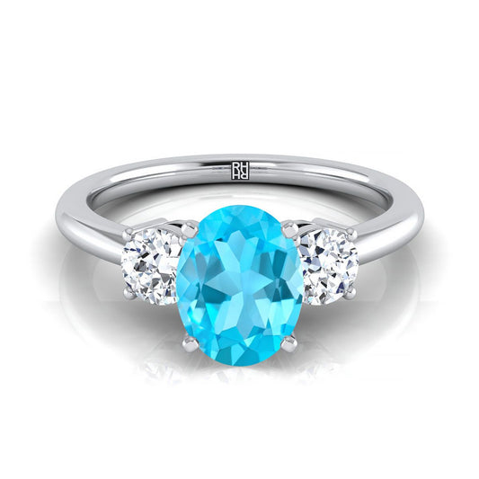 14K White Gold Oval Swiss Blue Topaz Perfectly Matched Round Three Stone Diamond Engagement Ring -1/4ctw