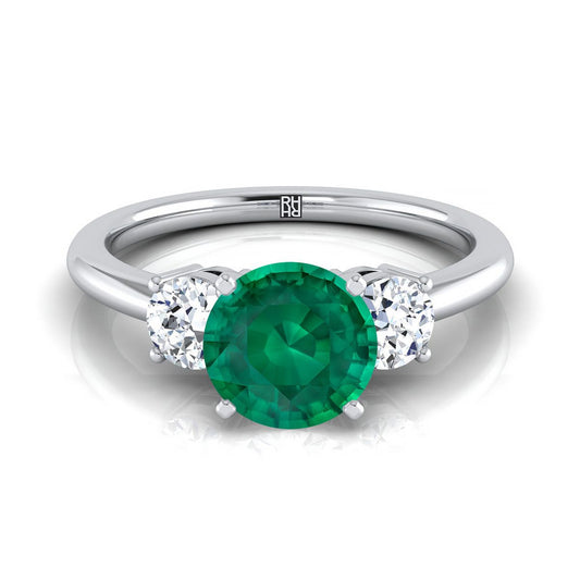 18K White Gold Round Brilliant Emerald Perfectly Matched Round Three Stone Diamond Engagement Ring -1/4ctw