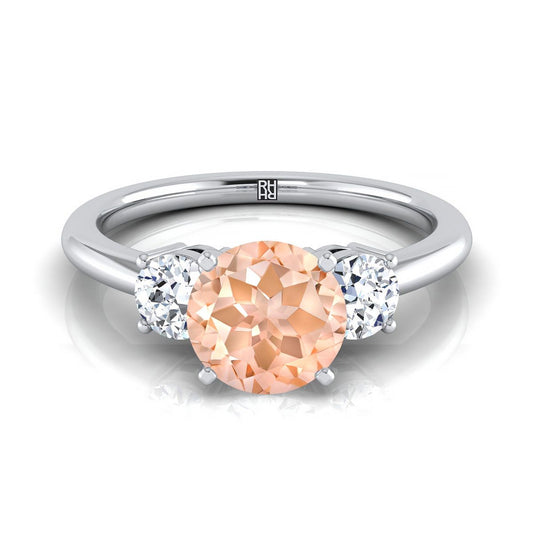 Platinum Round Brilliant Morganite Perfectly Matched Round Three Stone Diamond Engagement Ring -1/4ctw