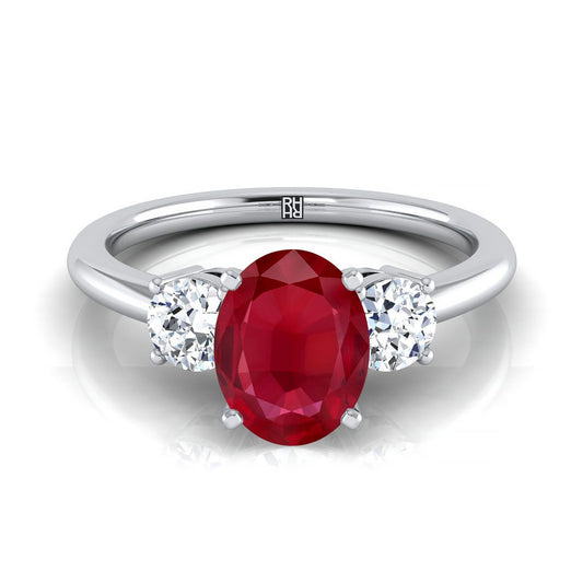 14K White Gold Oval Ruby Perfectly Matched Round Three Stone Diamond Engagement Ring -1/4ctw