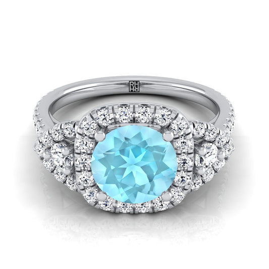 18K White Gold Round Brilliant Aquamarine Delicate Three Stone Halo Pave Diamond Engagement Ring -5/8ctw