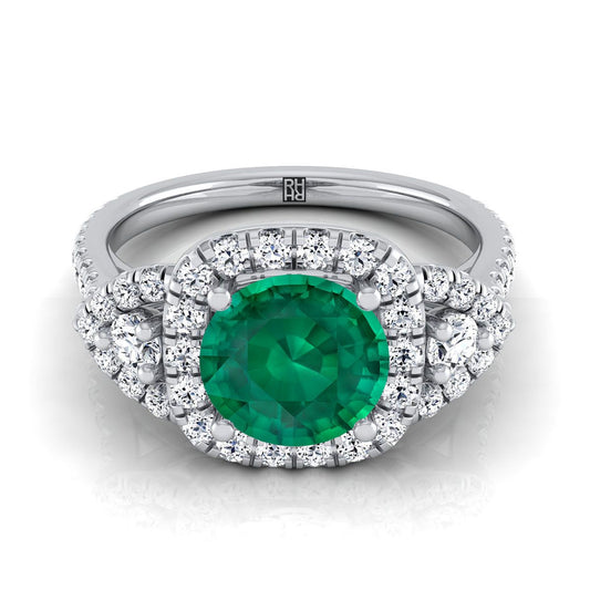 18K White Gold Round Brilliant Emerald Delicate Three Stone Halo Pave Diamond Engagement Ring -5/8ctw