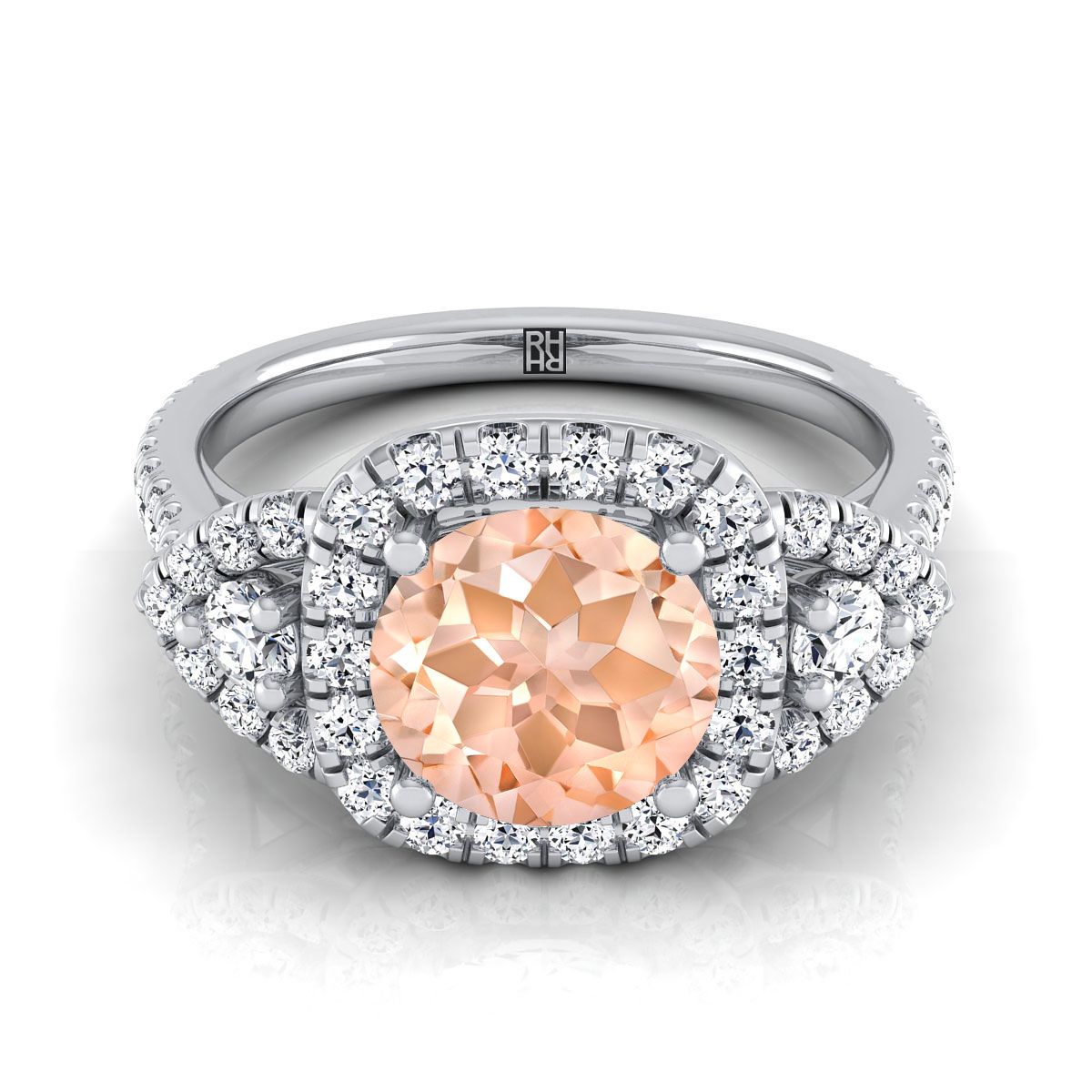 Platinum Round Brilliant Morganite Delicate Three Stone Halo Pave Diamond Engagement Ring -5/8ctw