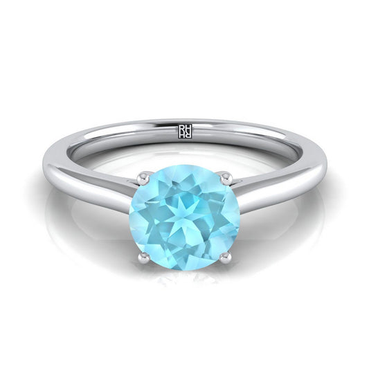 14K White Gold Round Brilliant Aquamarine Pinched Comfort Fit Claw Prong Solitaire Engagement Ring