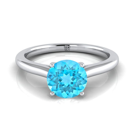 14K White Gold Round Brilliant Swiss Blue Topaz Pinched Comfort Fit Claw Prong Solitaire Engagement Ring