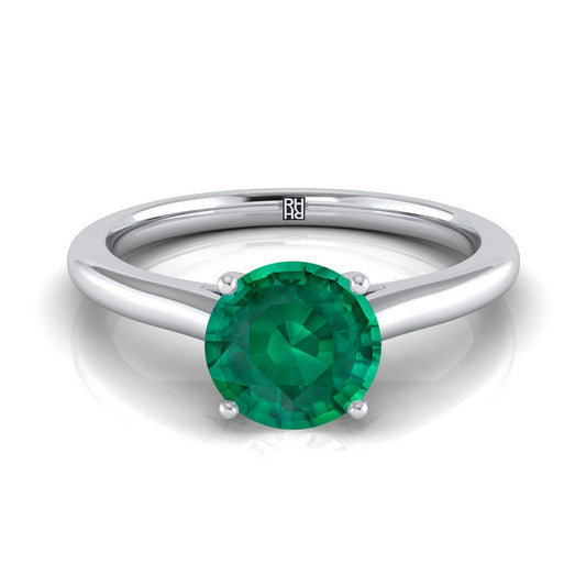 Platinum Round Brilliant Emerald Pinched Comfort Fit Claw Prong Solitaire Engagement Ring