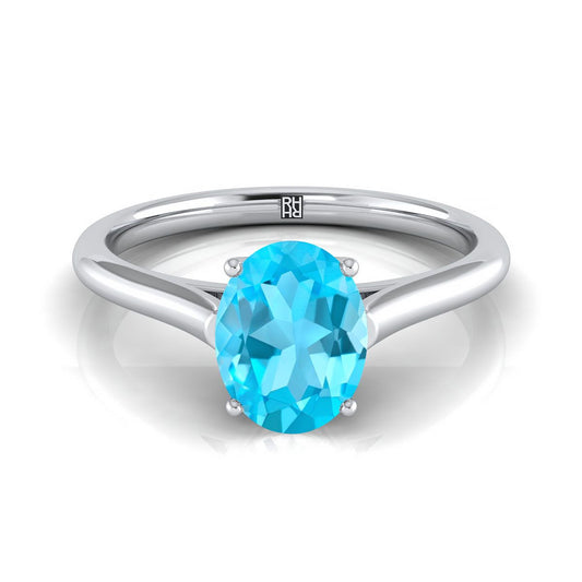 18K White Gold Oval Swiss Blue Topaz Cathedral Style Comfort Fit Solitaire Engagement Ring
