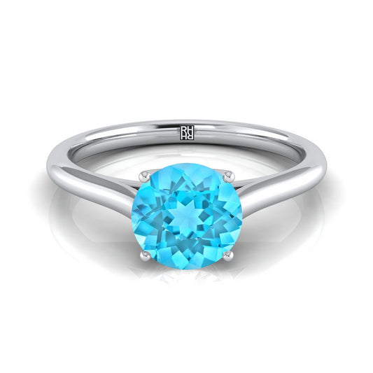 18K White Gold Round Brilliant Swiss Blue Topaz Cathedral Style Comfort Fit Solitaire Engagement Ring