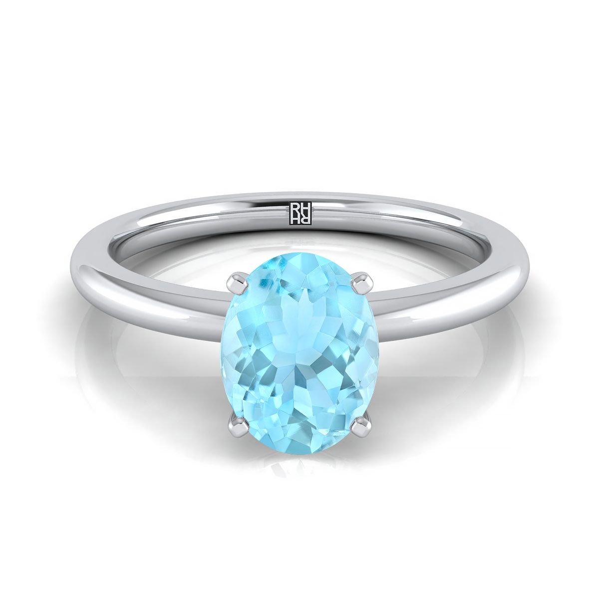18K White Gold Oval Aquamarine Round Comfort Fit Claw Prong Solitaire Engagement Ring