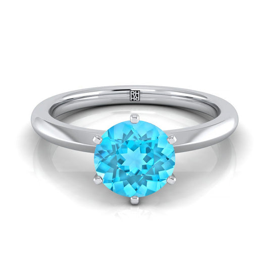 18K White Gold Round Brilliant Swiss Blue Topaz Pinched Comfort Fit Claw Prong Solitaire Engagement Ring