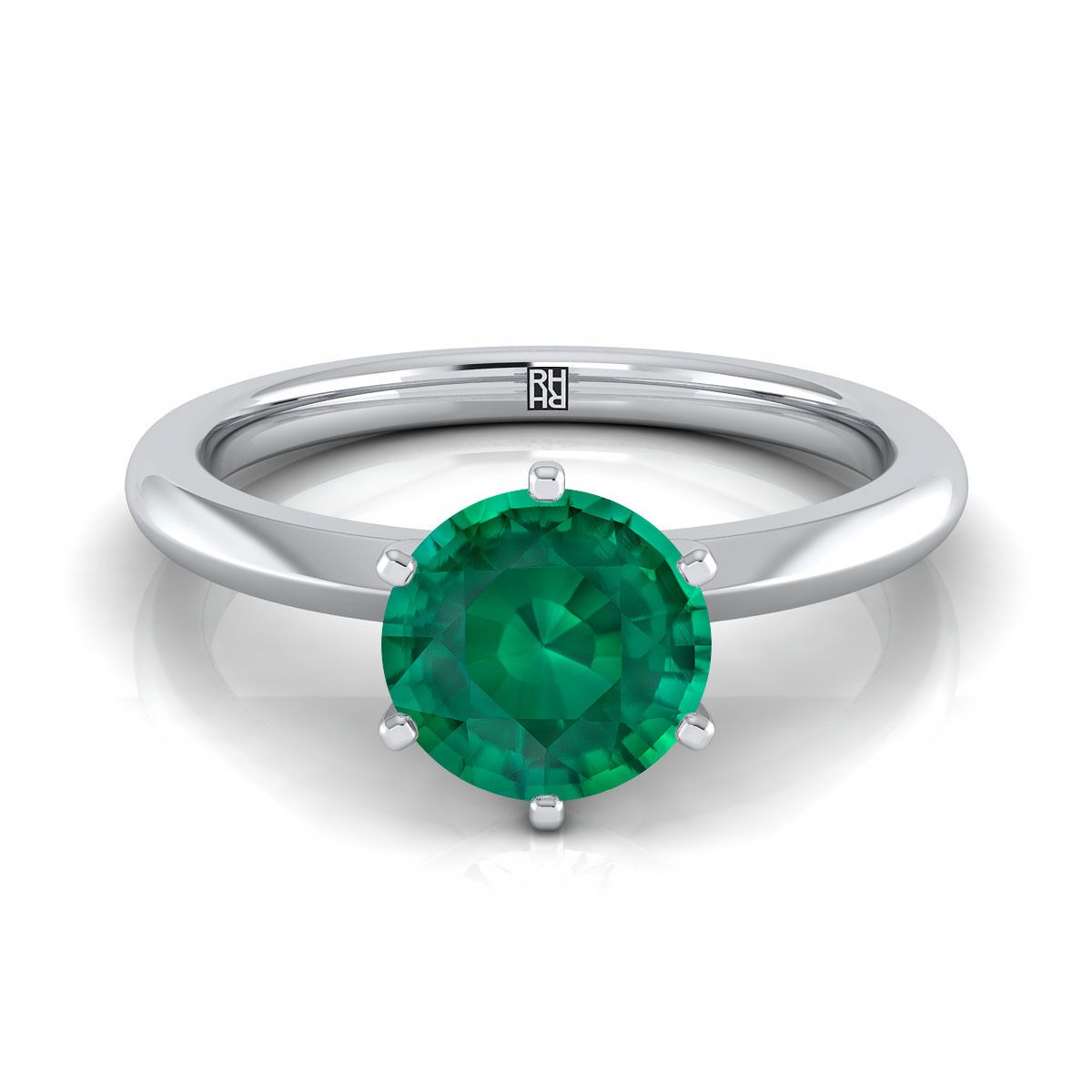 14K White Gold Round Brilliant Emerald Pinched Comfort Fit Claw Prong Solitaire Engagement Ring