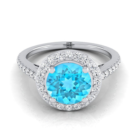 18K White Gold Round Brilliant Swiss Blue Topaz French Pave Halo Secret Gallery Diamond Engagement Ring -3/8ctw