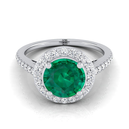 18K White Gold Round Brilliant Emerald French Pave Halo Secret Gallery Diamond Engagement Ring -3/8ctw