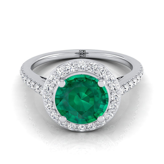 14K White Gold Round Brilliant Emerald French Pave Halo Secret Gallery Diamond Engagement Ring -3/8ctw