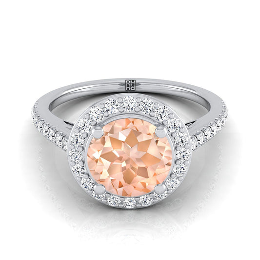 14K White Gold Round Brilliant Morganite French Pave Halo Secret Gallery Diamond Engagement Ring -3/8ctw