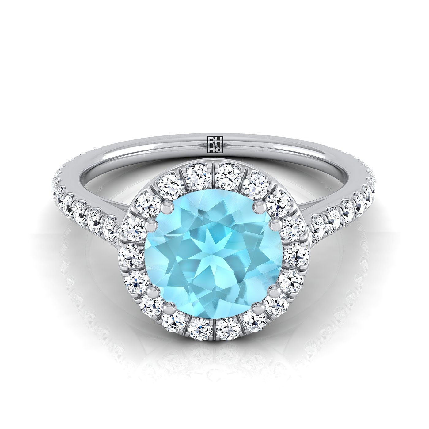 Platinum Round Brilliant Aquamarine Horizontal Fancy East West Diamond Halo Engagement Ring -1/2ctw